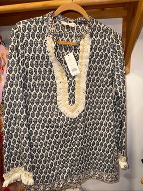 Tory Burch Navy and Cream Printed Fringe-Trim Tunic
